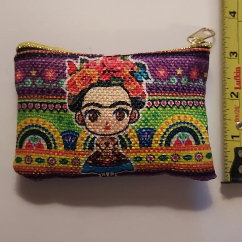 Frida Kahlo Coin Purse Makeup Bag colorful woven pattern zippered pouch